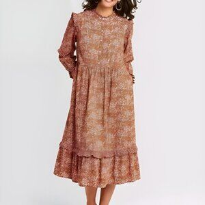 Universal Thread XL Floral Print Balloon Sleeve Ruffle Brown Prairie Dress
